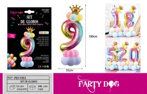 SET DE GLOBOS NUMEROS ARCOIRIS 100CM 15PCS 9