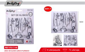 SET DE GLOBOS CROMADO LARGO PLATEADO 40PCS