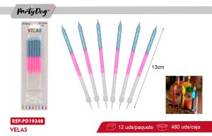 VELAS METALICA TRICOLORES 6PCS CELESTE-ROSADO-BLANCO
