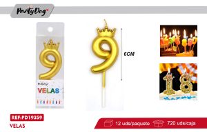 VELAS NUMEROS CORONA DORADO 9