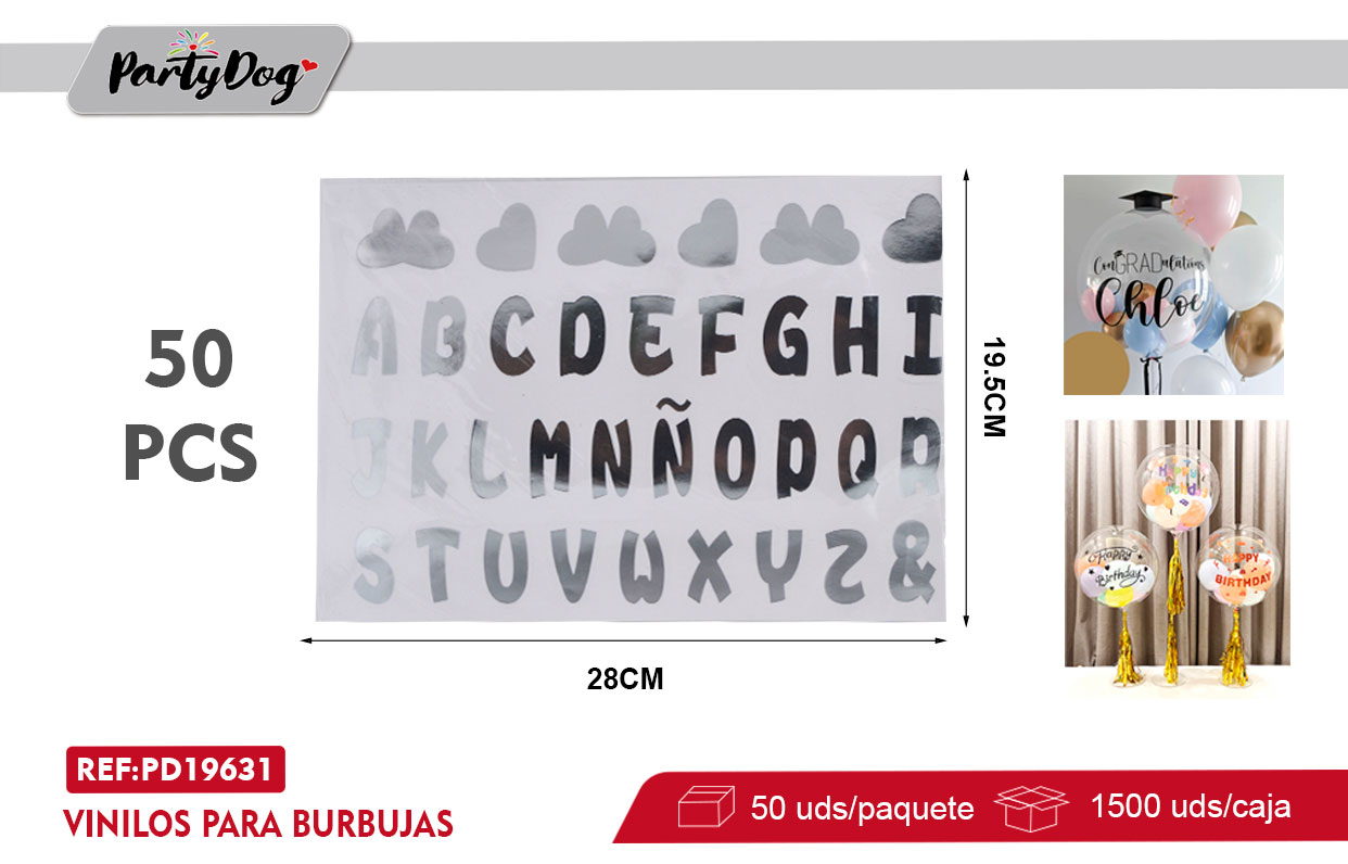 VINILOS PARA BURBUJAS LETRA 50PCS PLATEADO