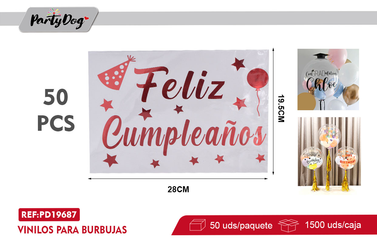 VINILOS PARA BURBUJAS FELIZ CUMPLEAÑOS 50PCS ROJO