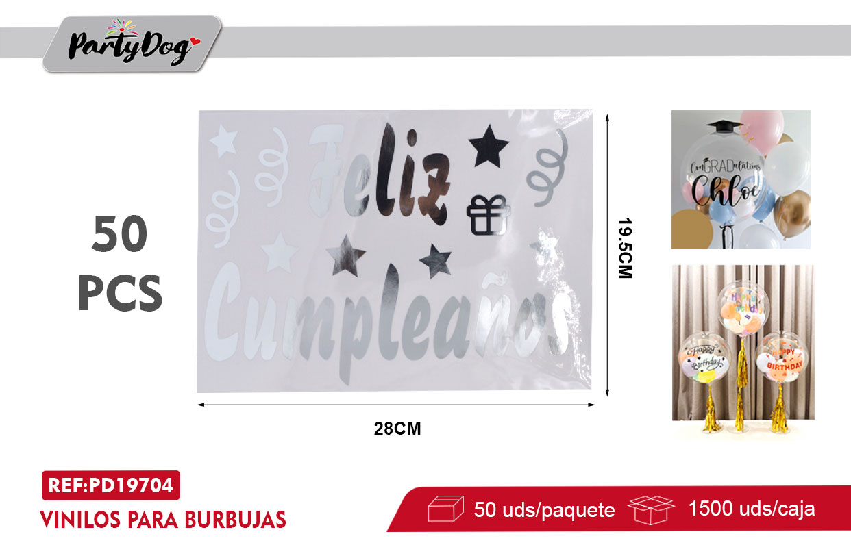 VINILOS PARA BURBUJAS FELIZ CUMPLEAÑOS 50PCS PLATEADO