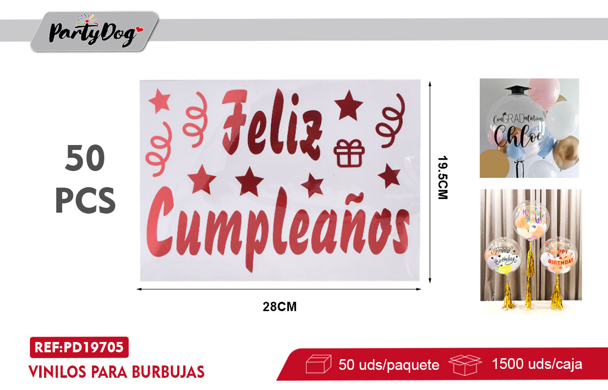 VINILOS PARA BURBUJAS FELIZ CUMPLEAÑOS 50PCS ROJO