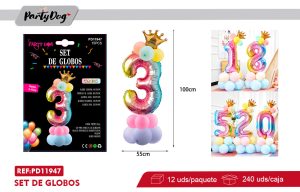 SET DE GLOBOS NUMEROS ARCOIRIS 100CM 15PCS 3