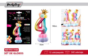 SET DE GLOBOS NUMEROS ARCOIRIS 100CM 15PCS 4
