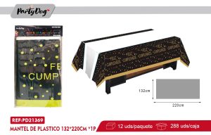 MANTEL FELIZ CUMPLEAÑOS NEGRO 132X220CM