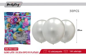 GLOBO LATEX 1.5G 25CM 50PCS R10 PLATEADO