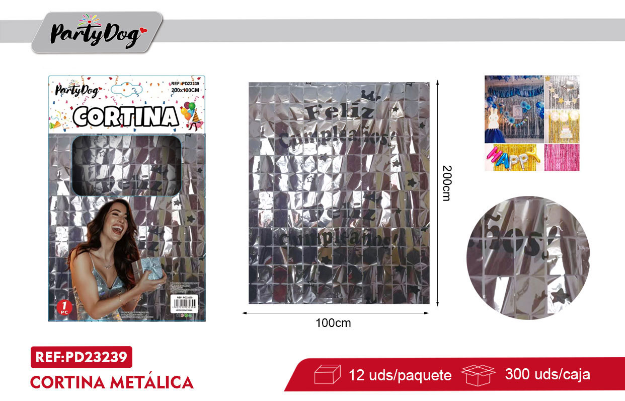 CORTINA METÁLICA FELIZ CUMPLEAÑOS 2X1M PLATEADO