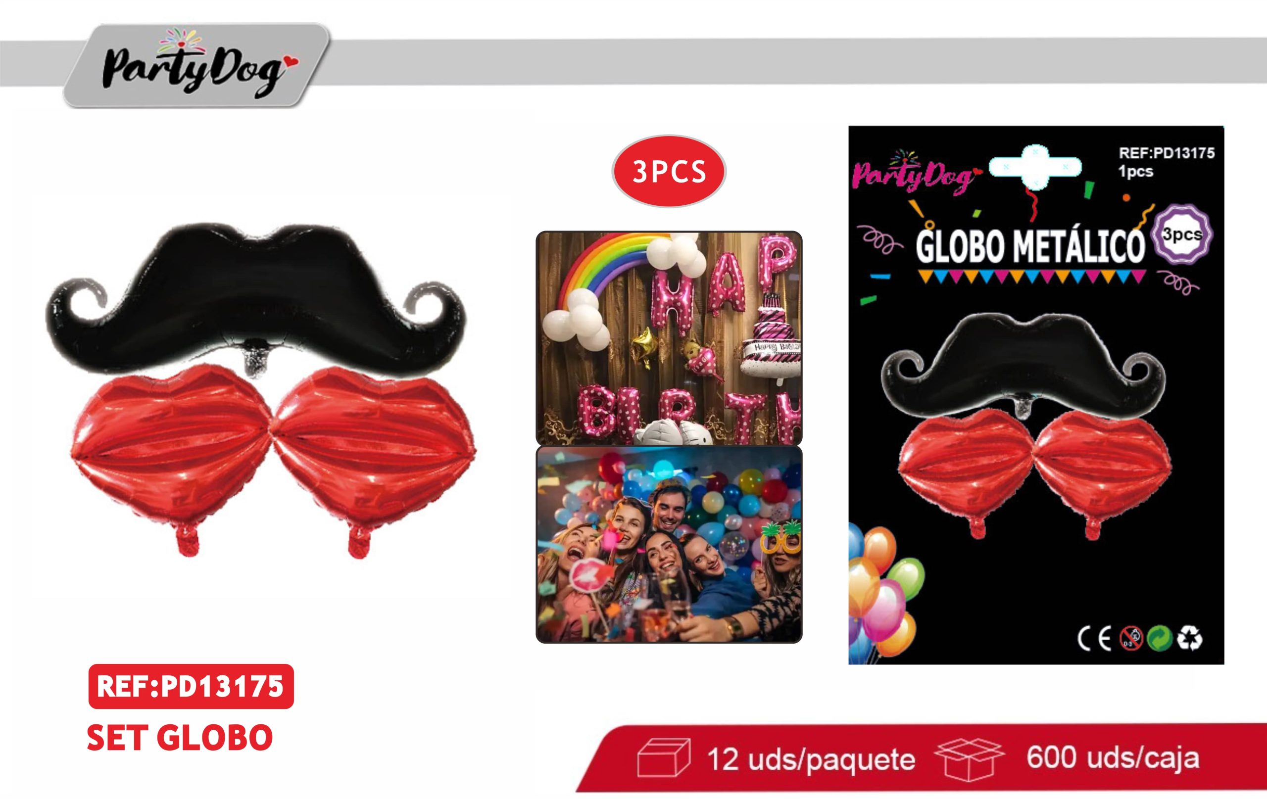 SET DE GLOBOS METALICOS BIGOTE LABIO 3PCS