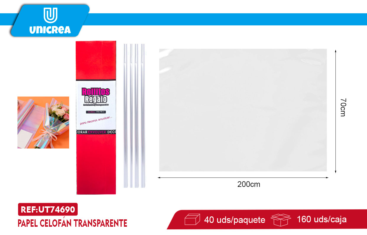 CAJA Papel celofán transparente 70X200CM 40 ROLLOS