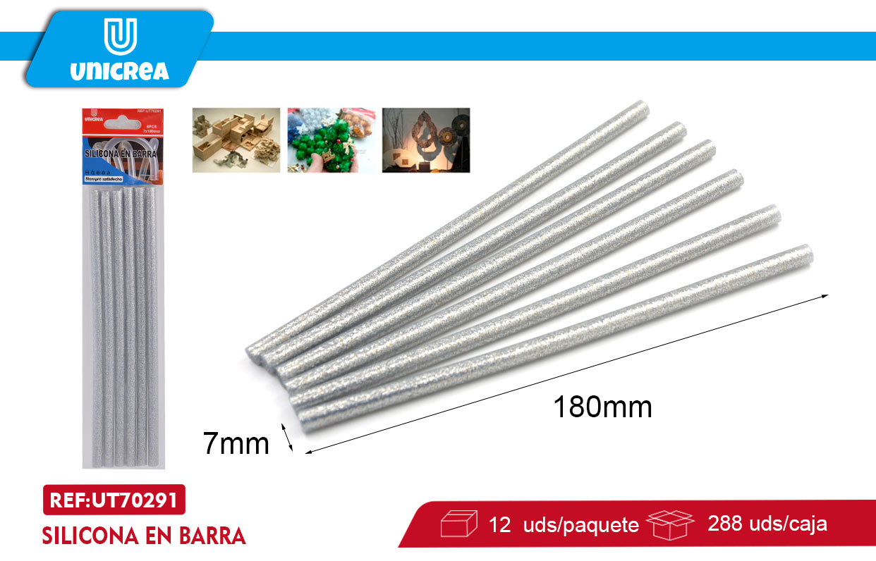 SILICONA EN BARRA GLITTER 0.7X180MM 6PCS PLATEADO