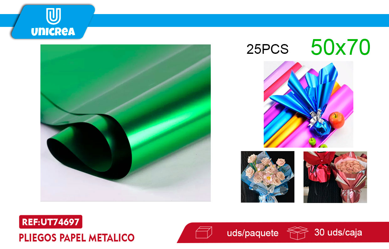 Pliegos Papel Metalico 50X70CM VERDE 25UNI