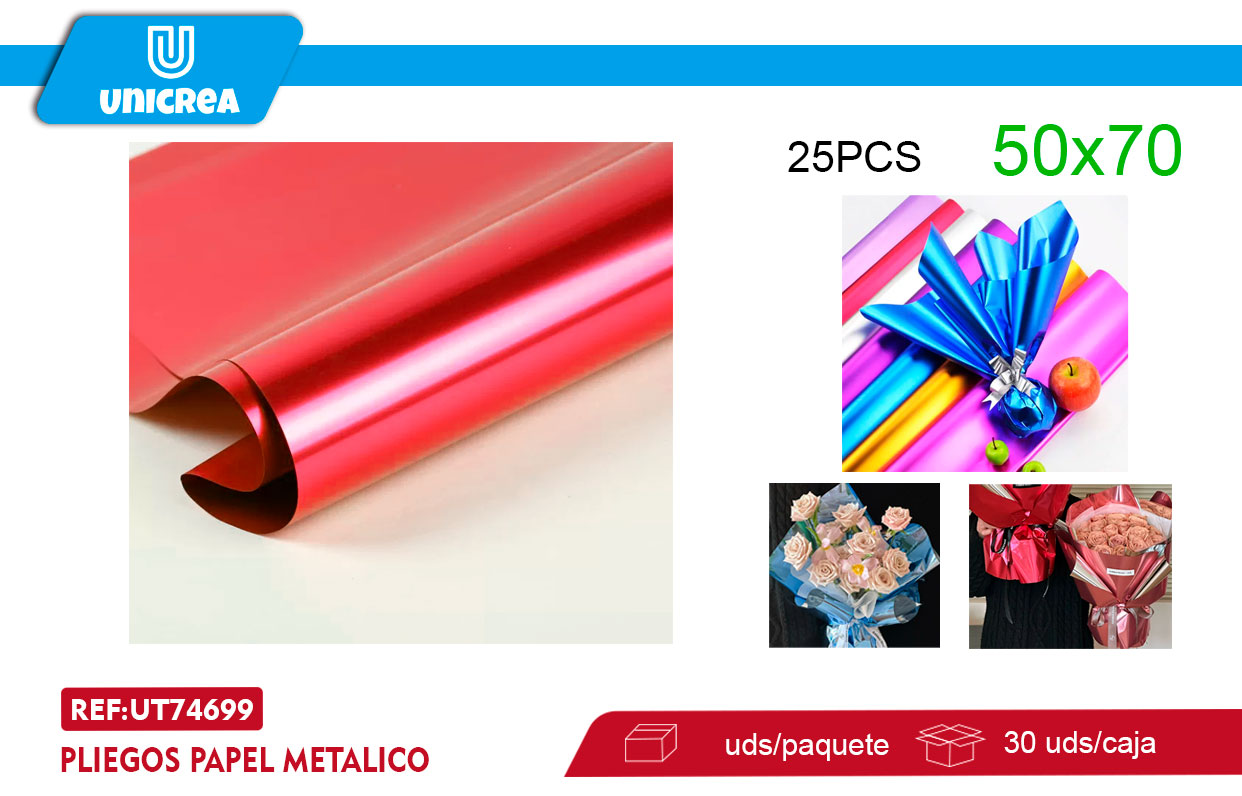 Pliegos Papel Metalico 50X70CM ROJO 25UNI