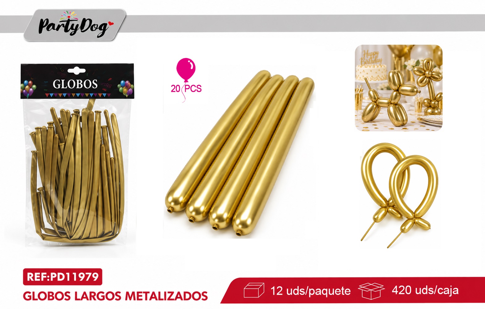 GLOBOS LARGO CROMADO 1.8G 33CM 20PCS DORADO