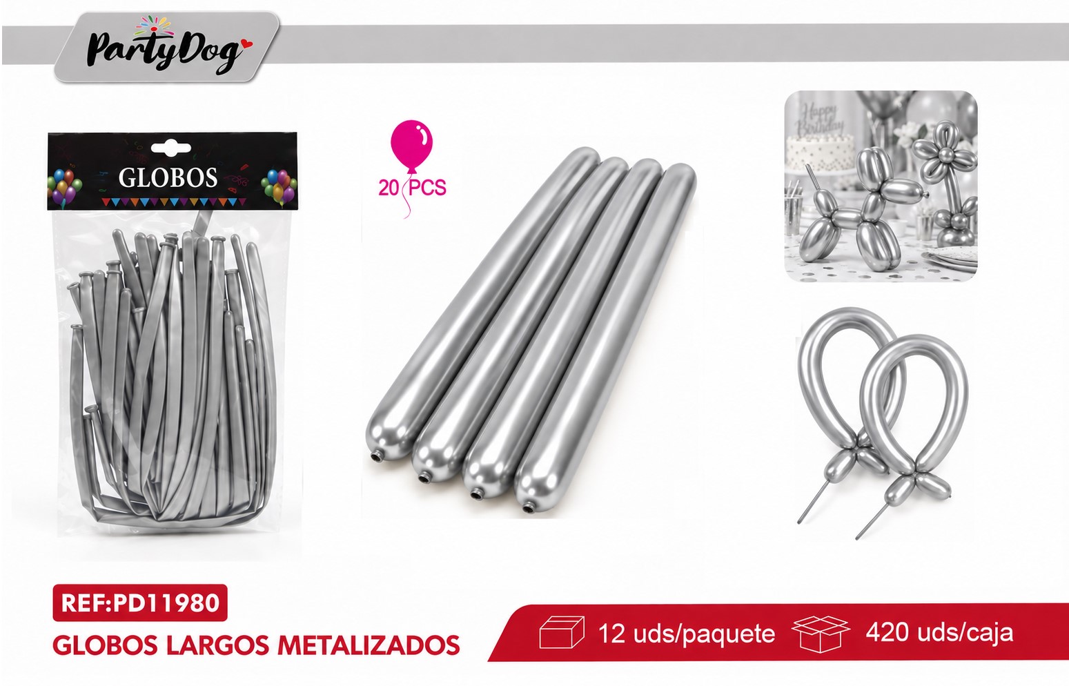GLOBOS LARGO CROMADO 1.8G 33CM 20PCS PLATEADO