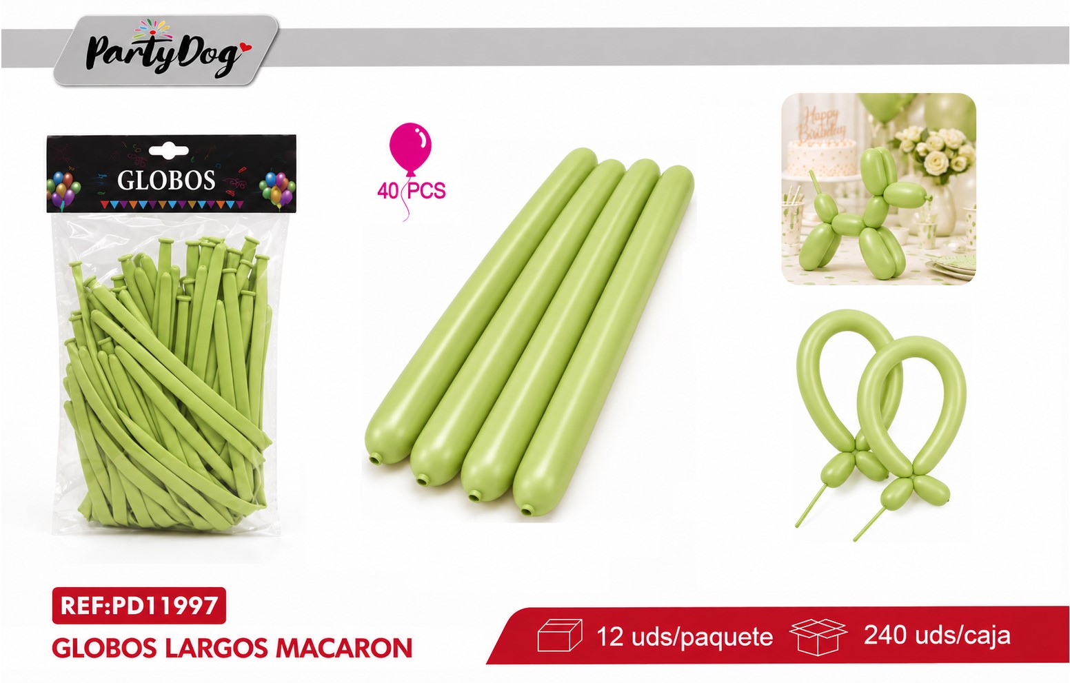 GLOBOS LARGO PASTEL 33CM 1.8G 40PCS VERDE MANZANA