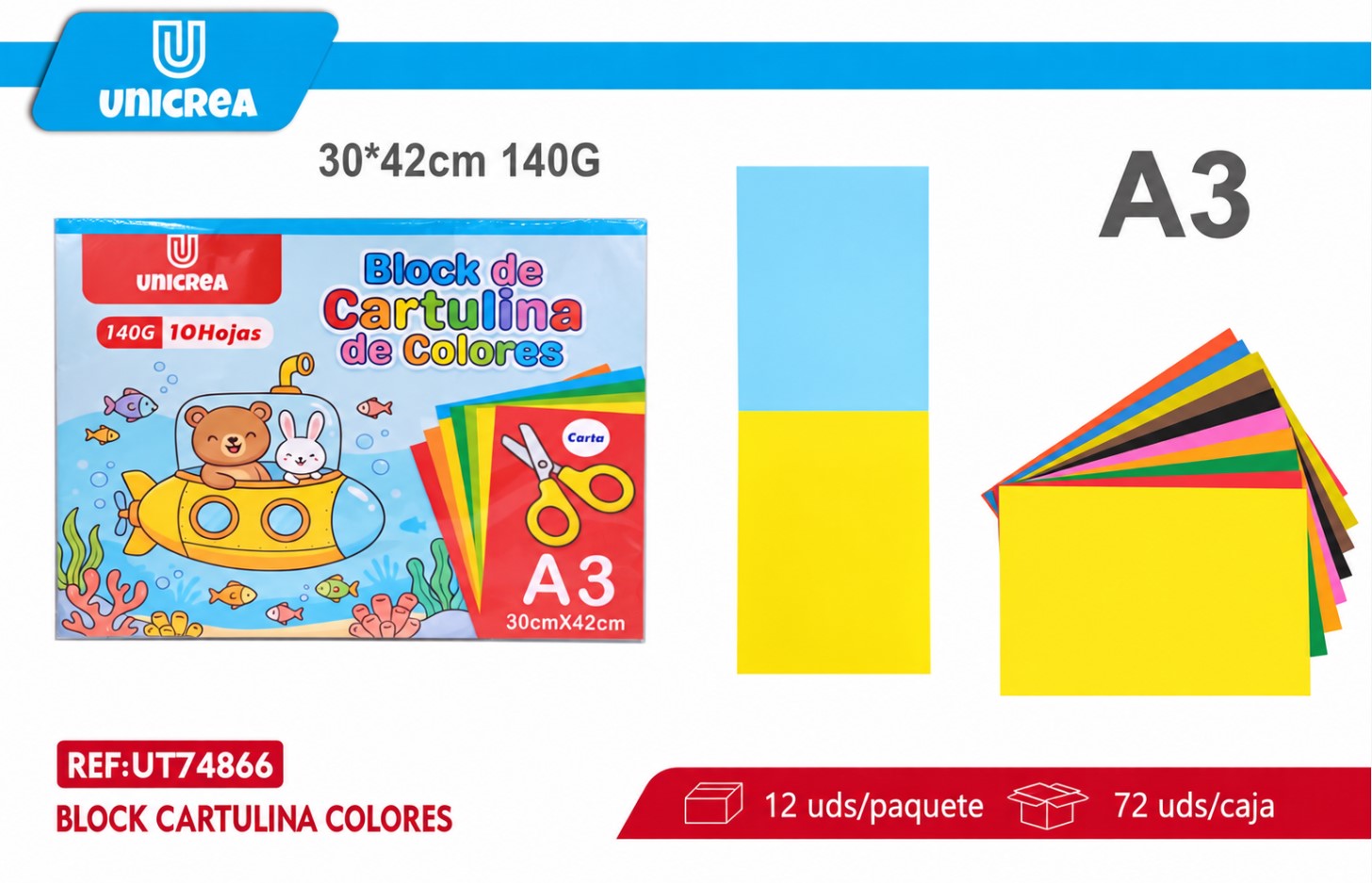 BLOCK CARTULINA COLORES 140G 10HOJAS A3