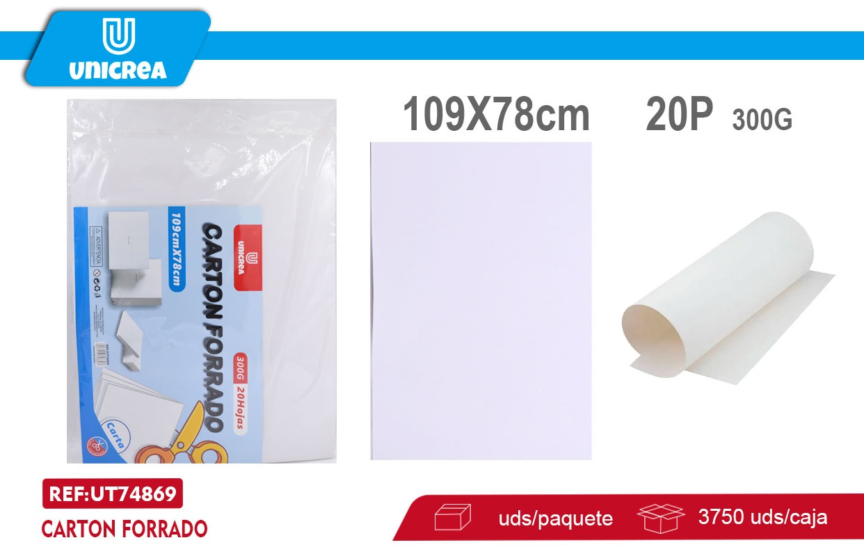 20 Pliegos De CARTON FORRADO BLANCO LISO POR AMBAS CARAS 300G 109X78CM